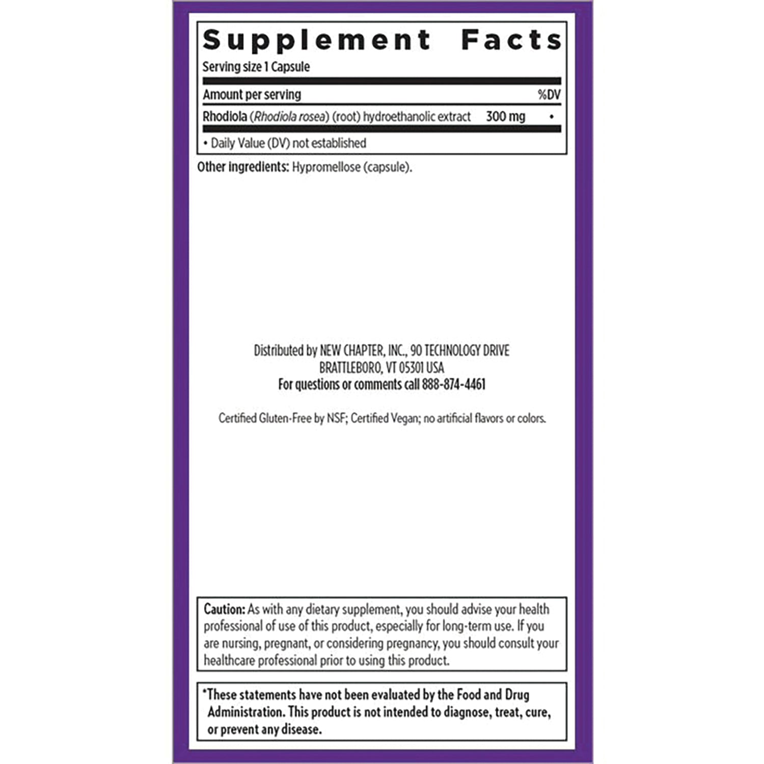 NWC039 | back label with Supplement Facts showing serving size 1 capsule, Rhodiola 300 mg, distributor info and caution box