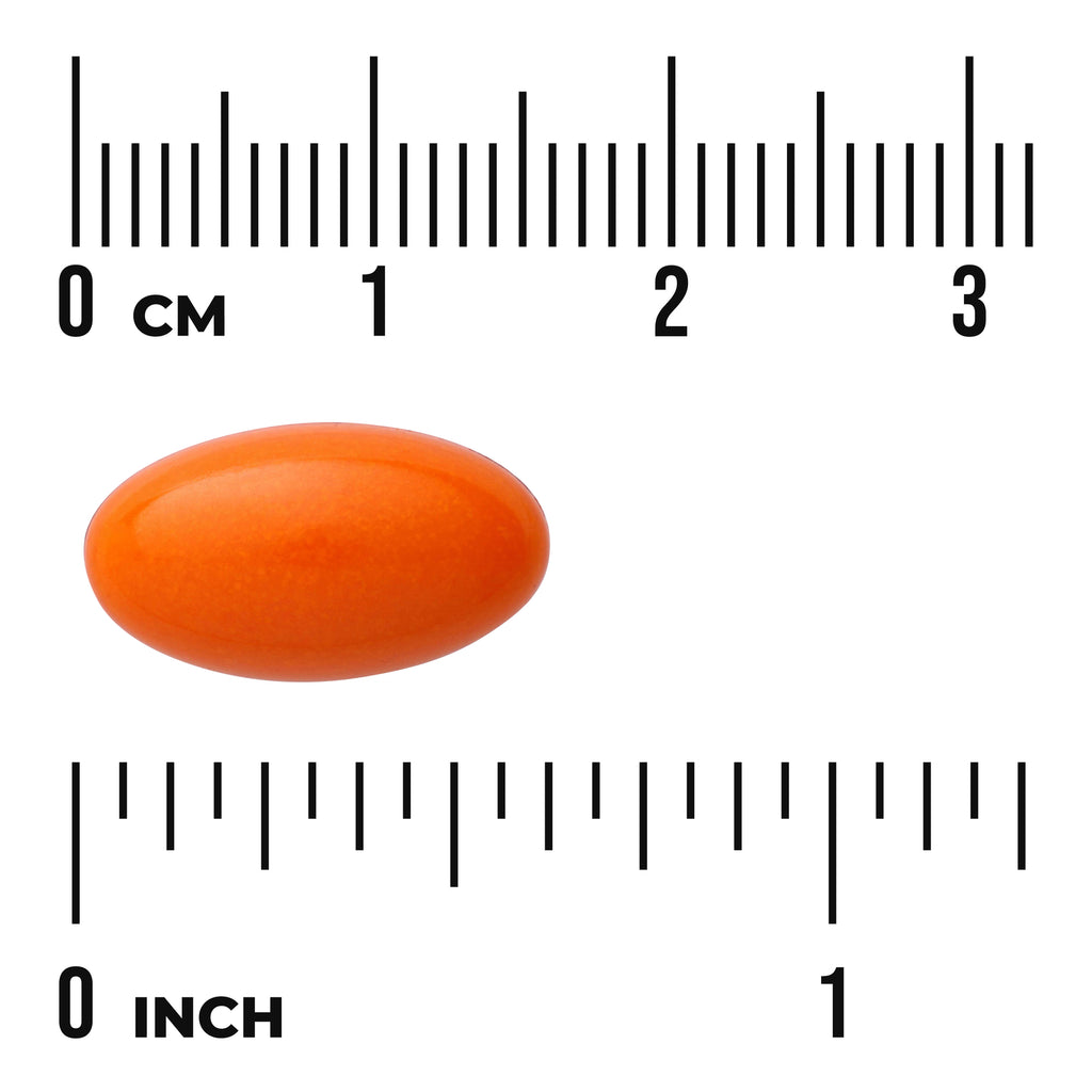 SWU349 | Orange oval softgel with size scale in inches and centimeters - Thumbnail