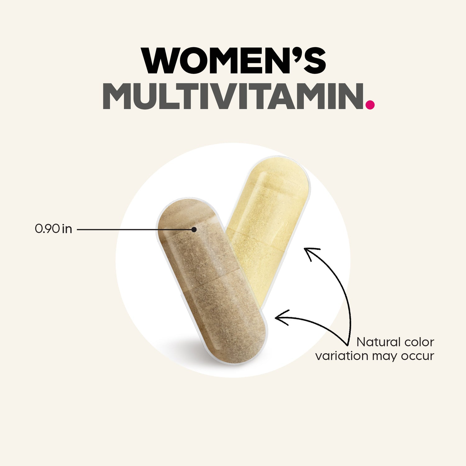 CDG016 | Women’s multivitamin capsule infographic showing 0.90 in size and natural color variation