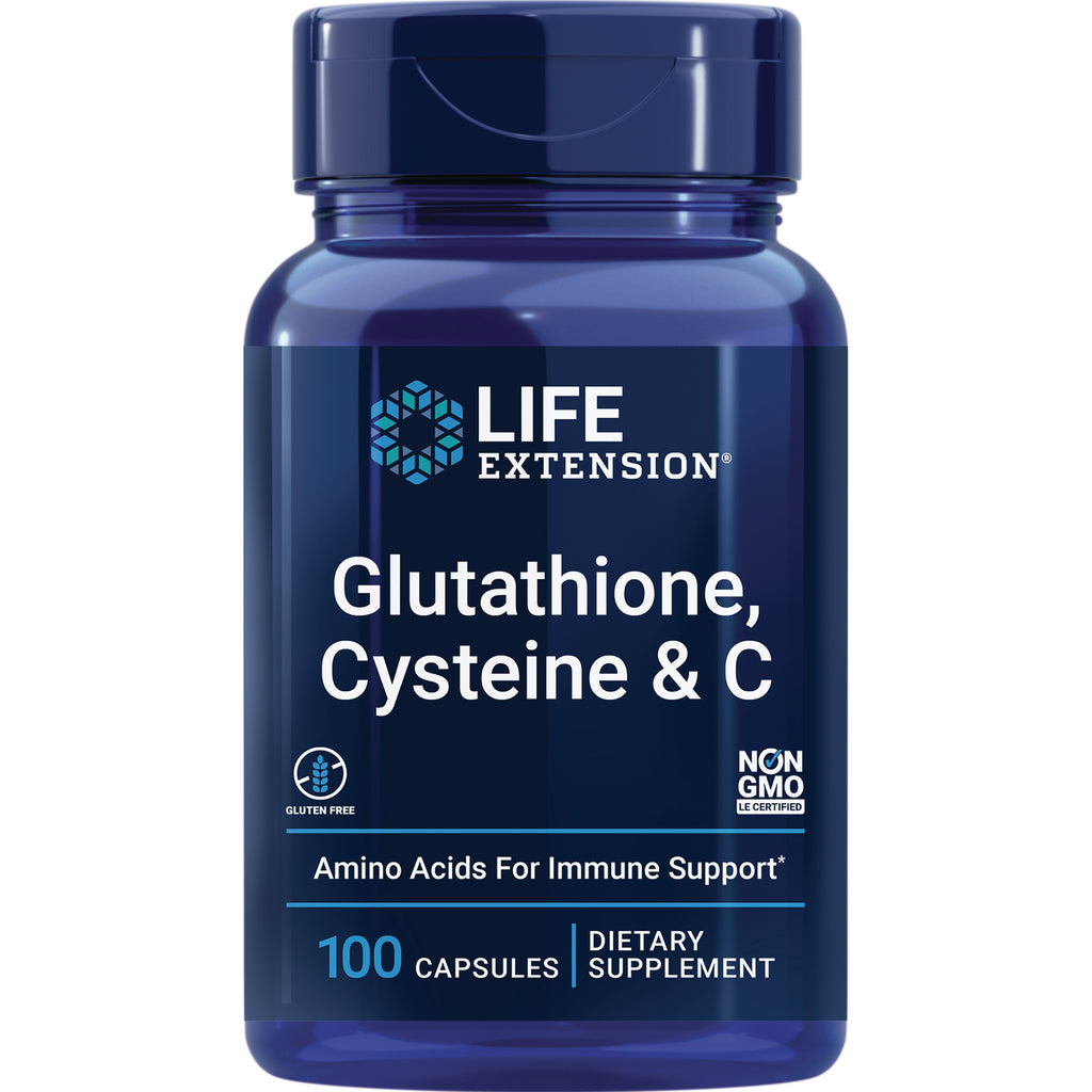 LE218 | Blue Life Extension bottle labeled Glutathione, Cysteine & C dietary supplement, 100 capsules - Thumbnail