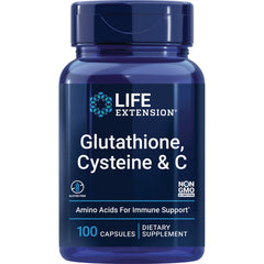 LE218 | Blue Life Extension bottle labeled Glutathione, Cysteine & C dietary supplement, 100 capsules