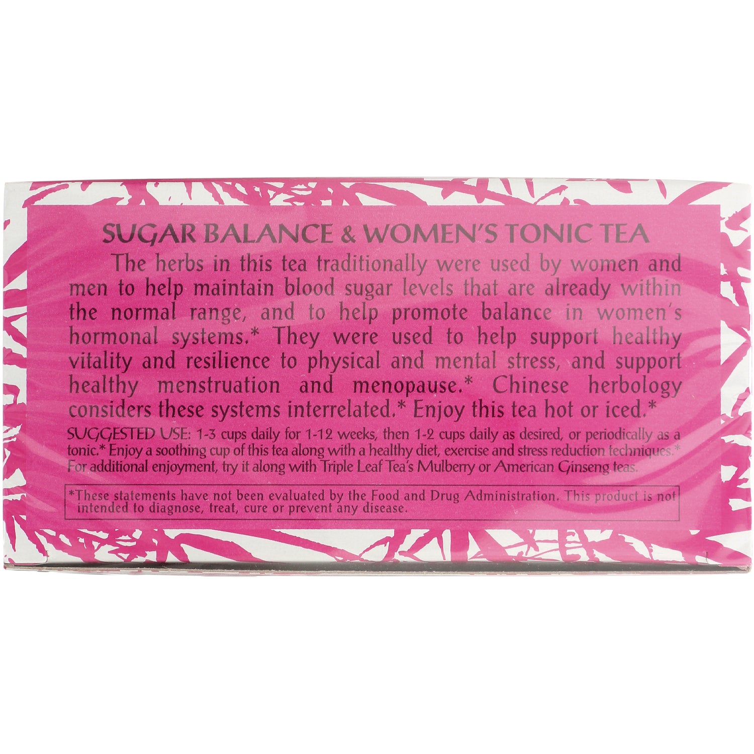 TLT017 | Sugar Balance & Women's Tonic Tea back panel with usage directions and herbal benefits text