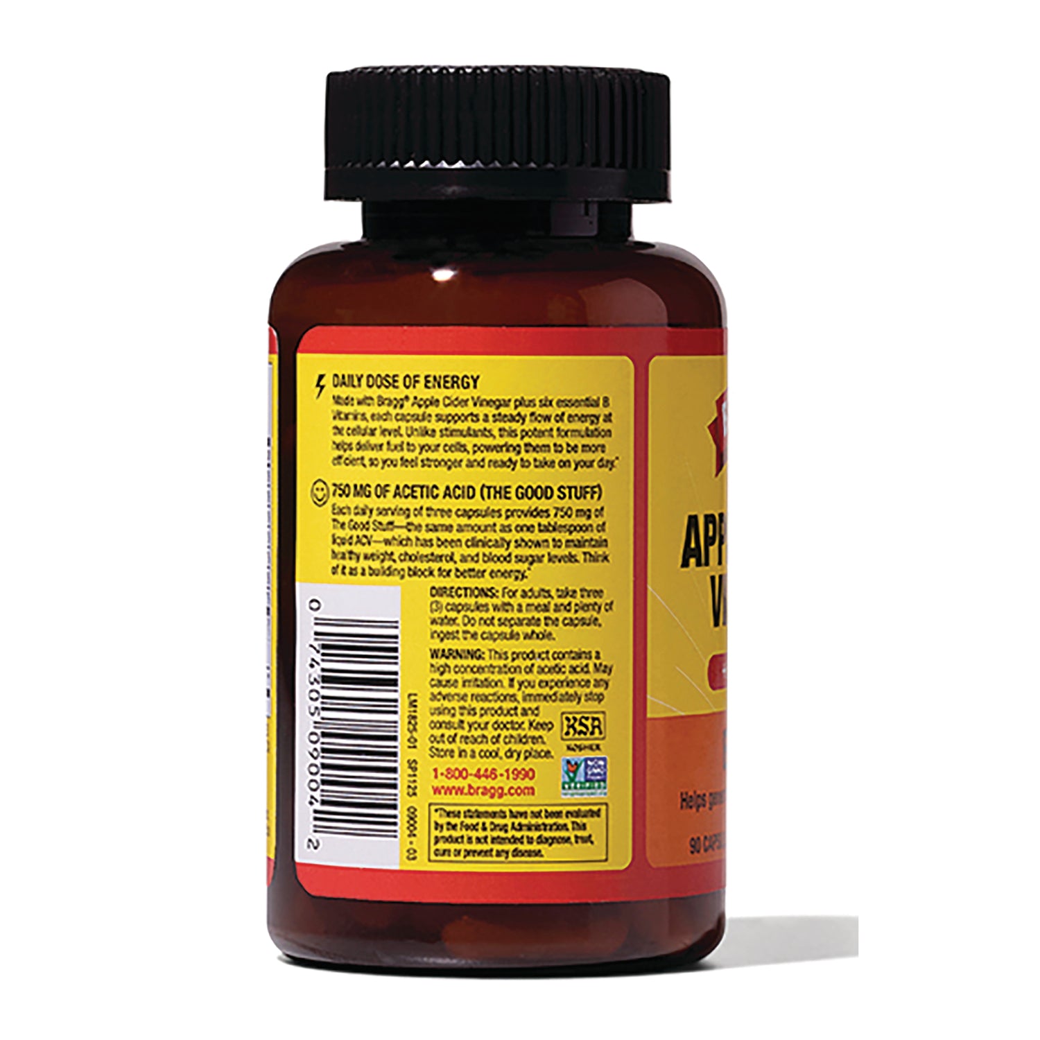 BR018 | Back of brown supplement bottle showing yellow ingredient panel with text and barcode