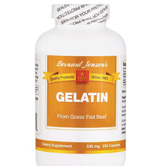 BJ020 | Bernard Jensen's gelatin supplement bottle front label reading GELATIN From Grass Fed Beef 535 mg 250 Capsules