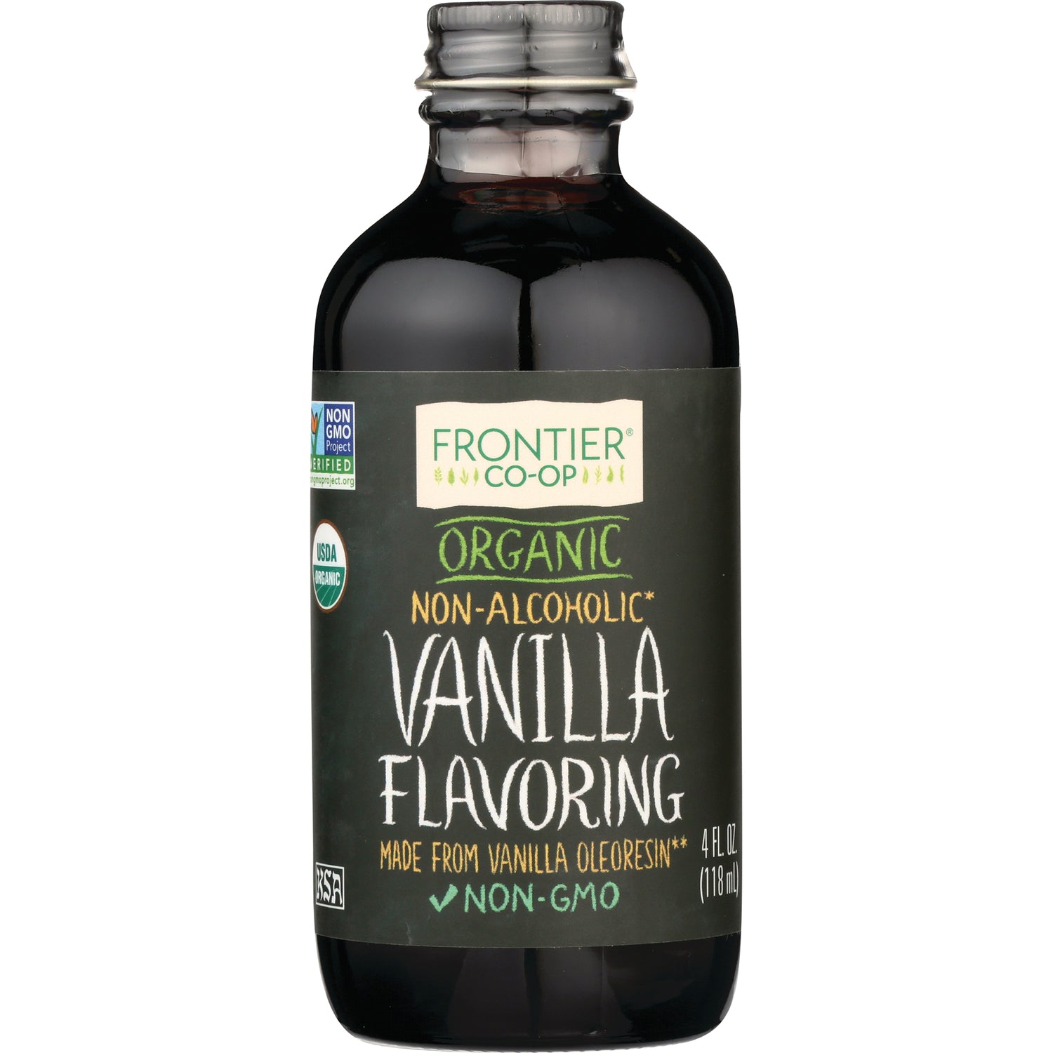 FNP050 | Frontier Co-op organic non-alcoholic vanilla flavoring bottle, 4 fl oz, non-GMO