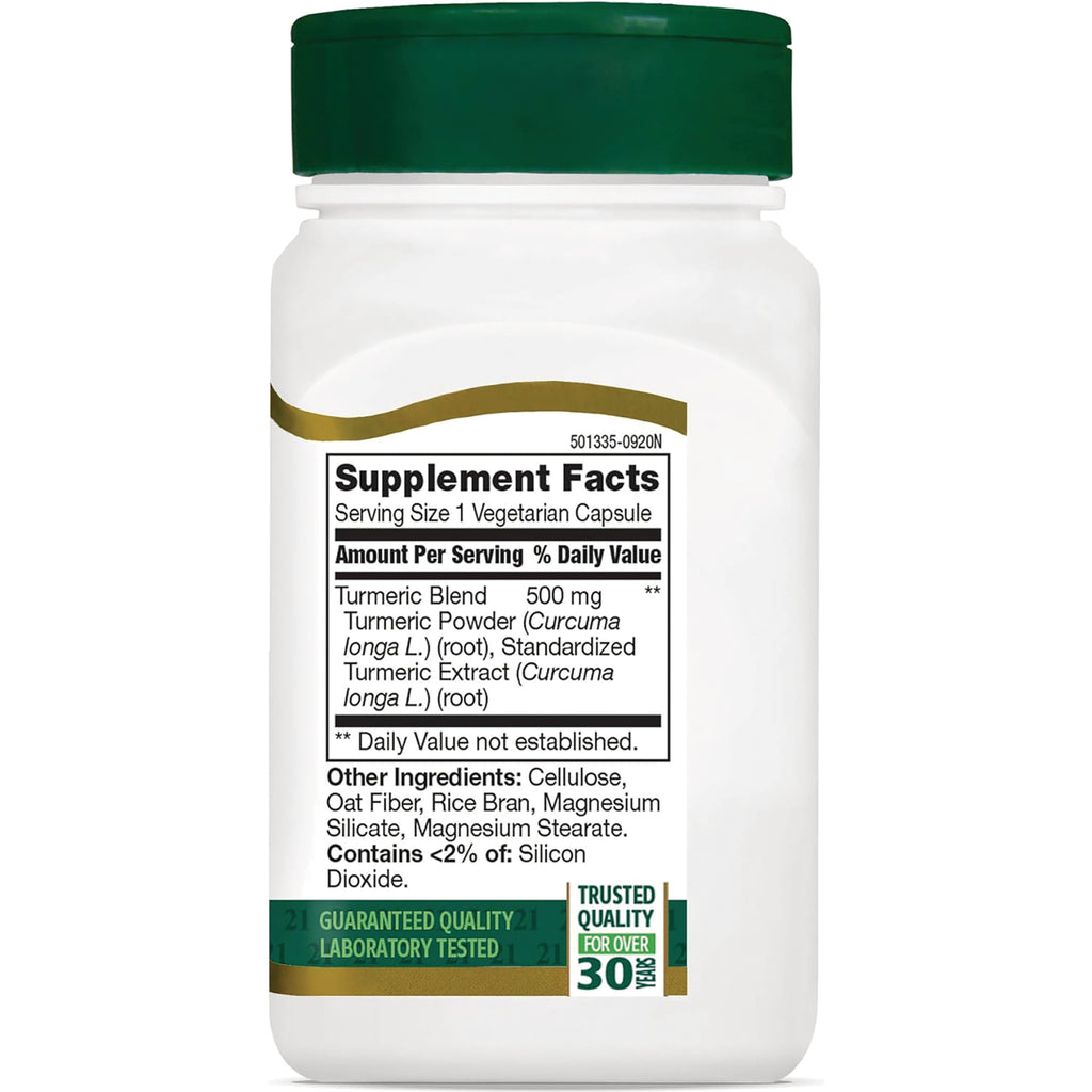 CNT268 | back of white supplement bottle showing Supplement Facts panel listing Turmeric Blend 500 mg and other ingredients - Thumbnail