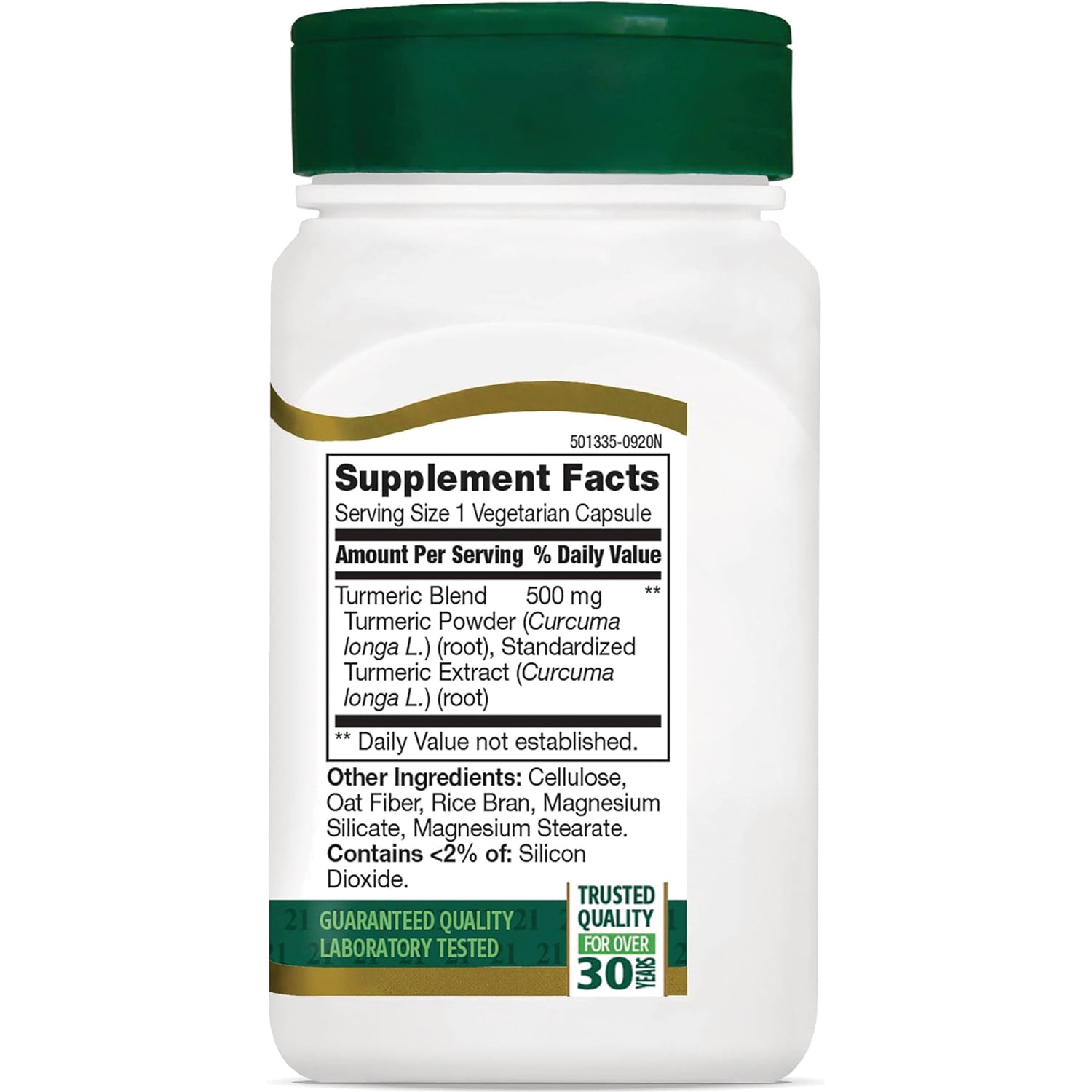 CNT268 | back of white supplement bottle showing Supplement Facts panel listing Turmeric Blend 500 mg and other ingredients