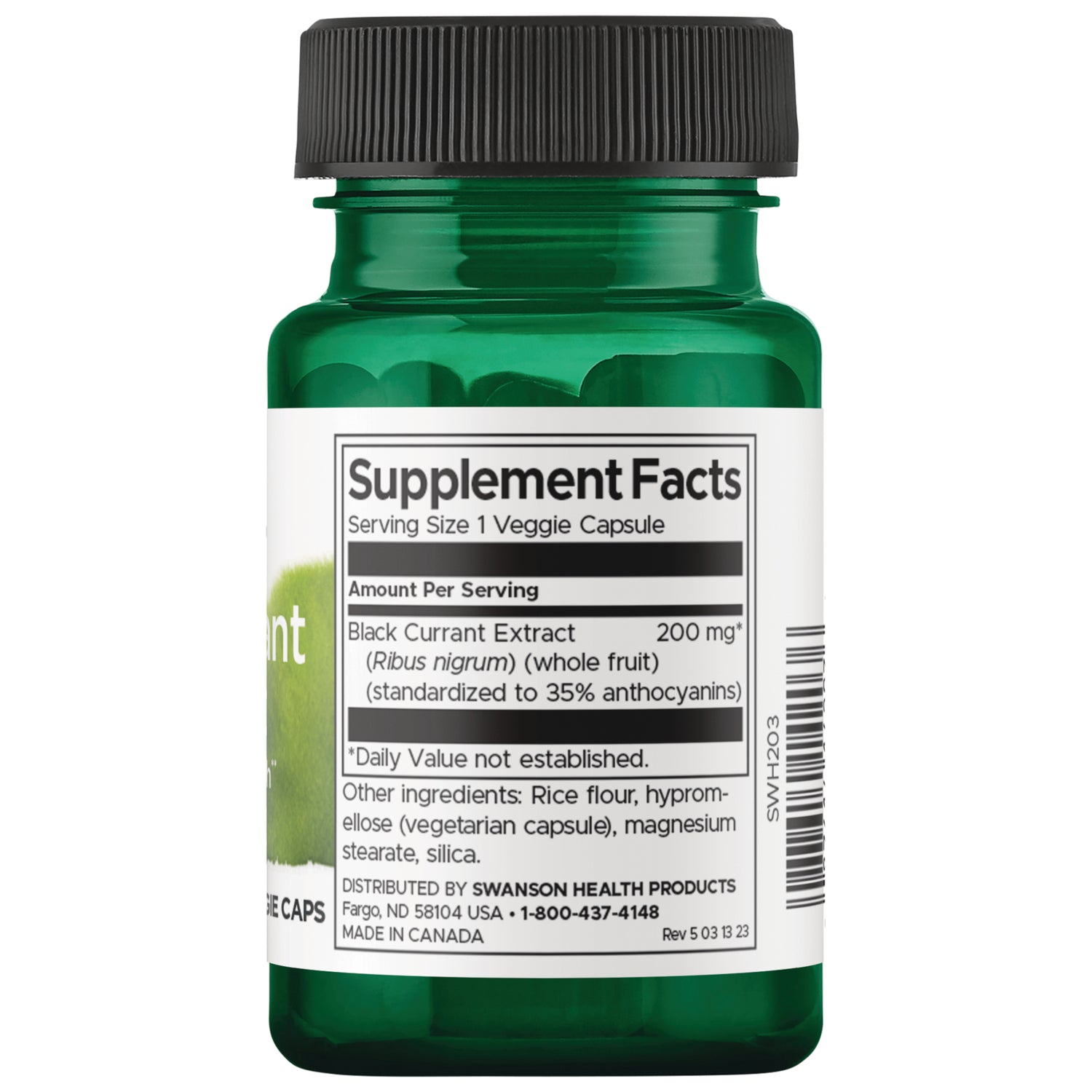 SWH203 | Back label with supplement facts and serving information