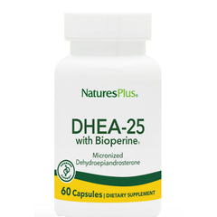 NTP117 | NaturesPlus DHEA-25 with Bioperine white supplement bottle labeled 60 Capsules