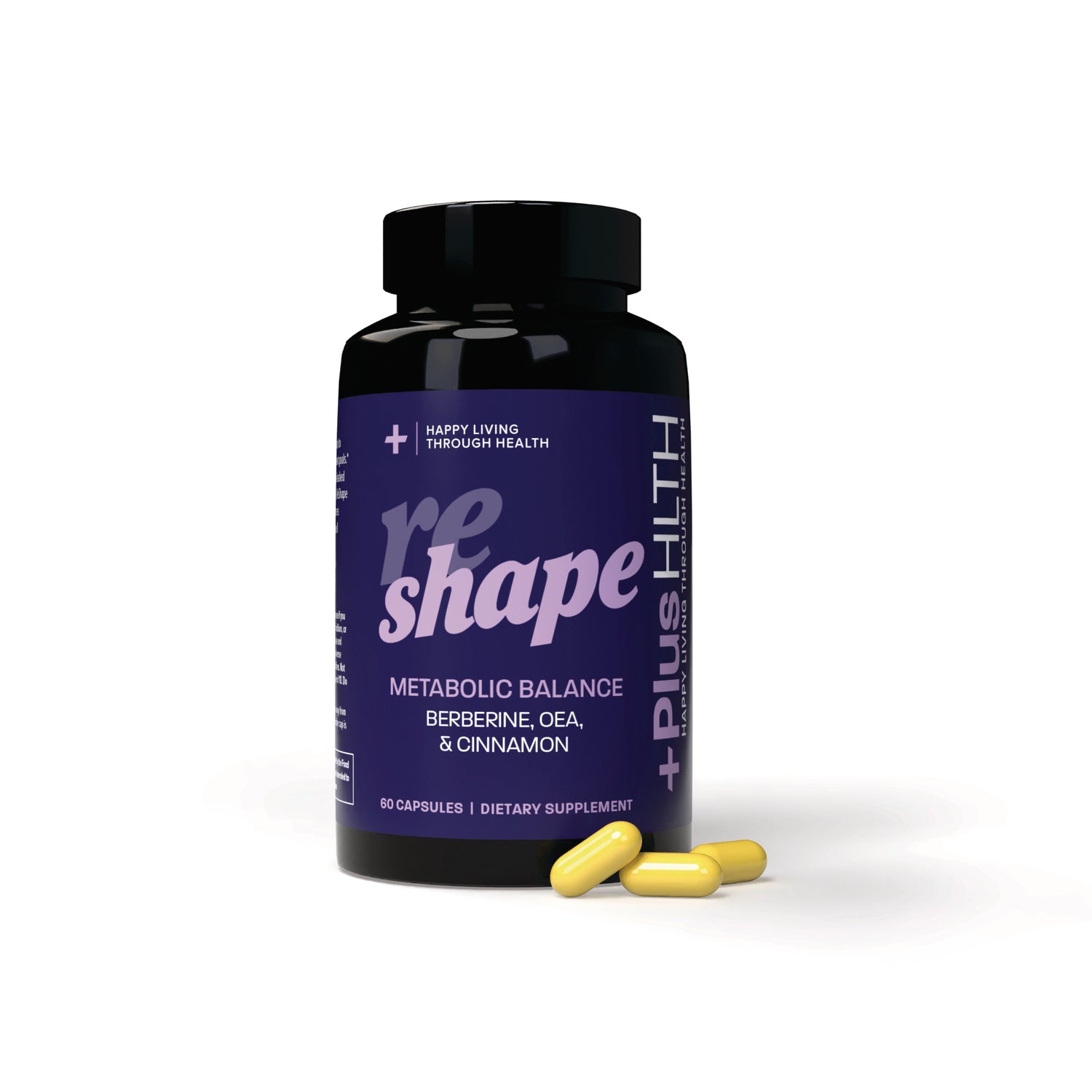 CV054 | Reshape Metabolic Balance supplement bottle labeled BERBERINE, OEA, & CINNAMON with three yellow capsules