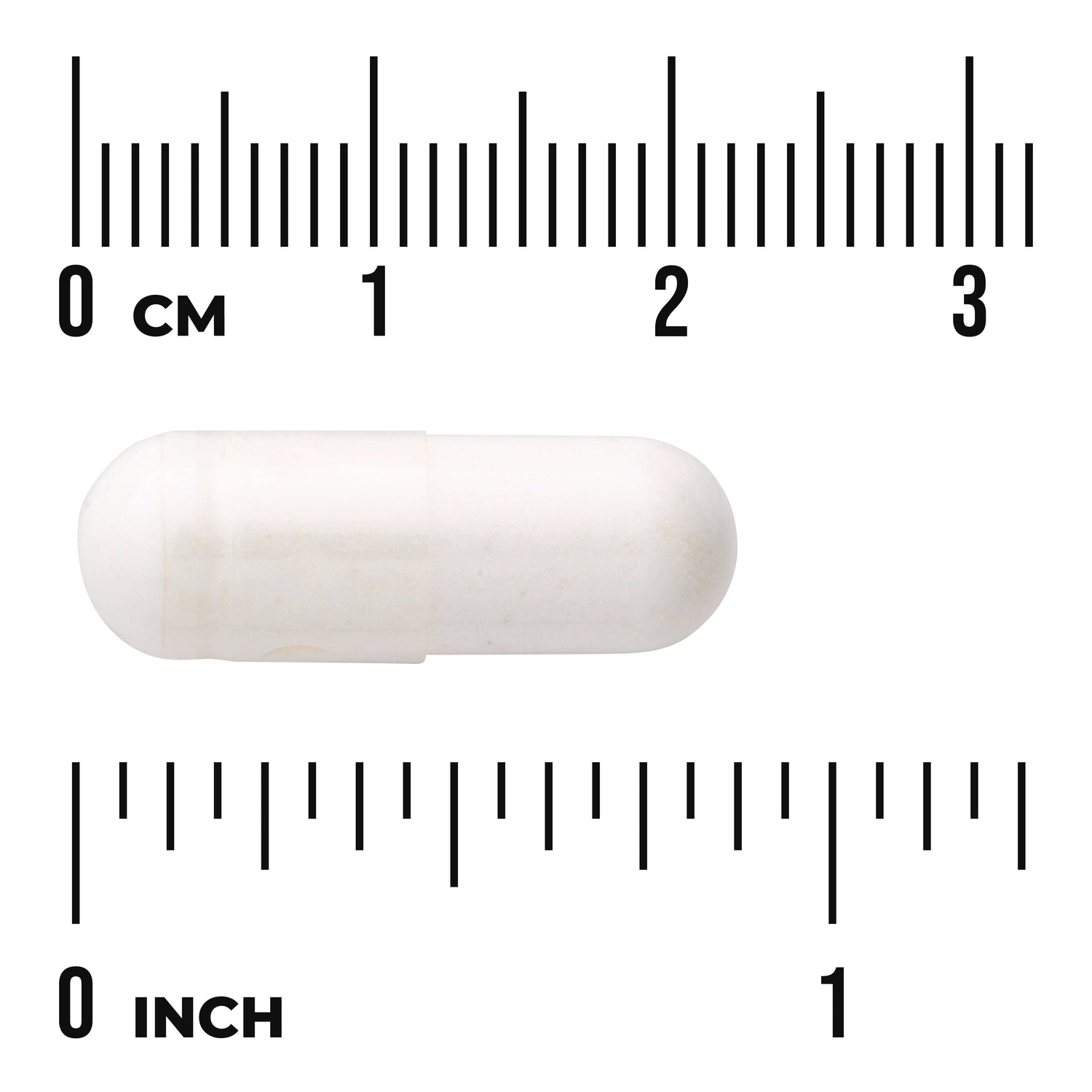 SW1298 | White capsule centered between centimeter and inch rulers showing size