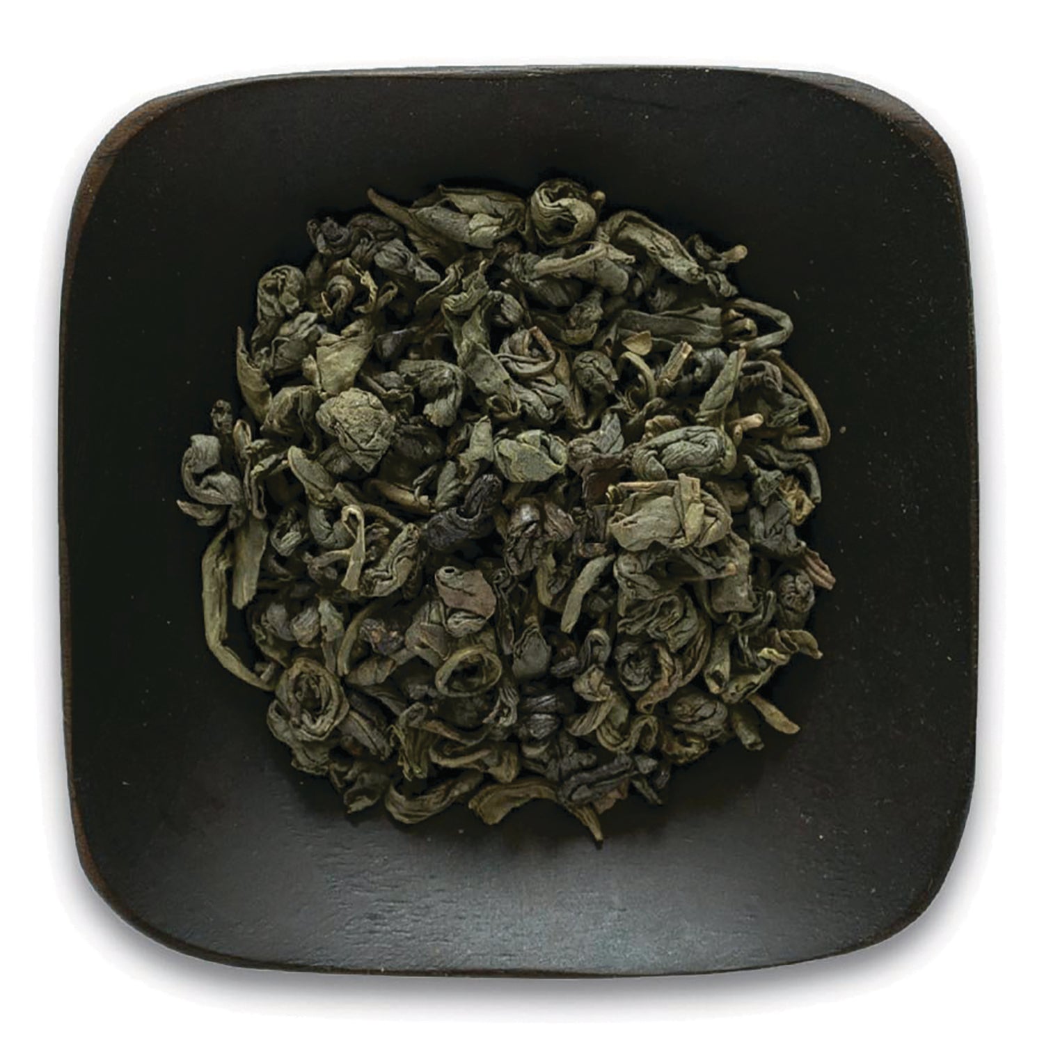 FNP031 | rolled green tea leaves in a dark square dish on white background