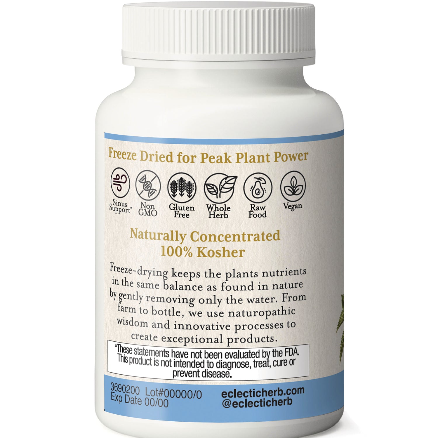 EC036 | back label of white supplement bottle reading Naturally Concentrated 100% Kosher and freeze dried for peak plant power