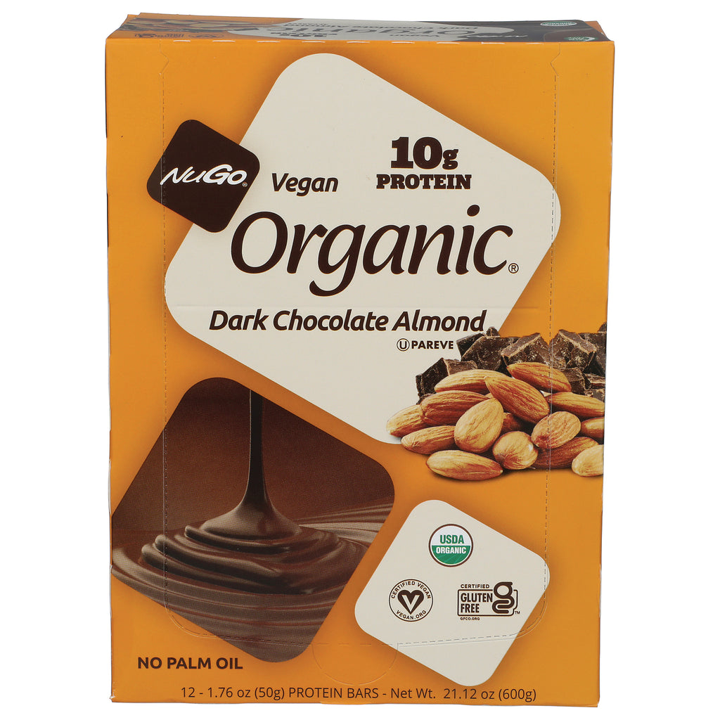 NUG001 | NuGo Organic Dark Chocolate Almond protein bar box front showing 10g protein, almonds and chocolate - Thumbnail