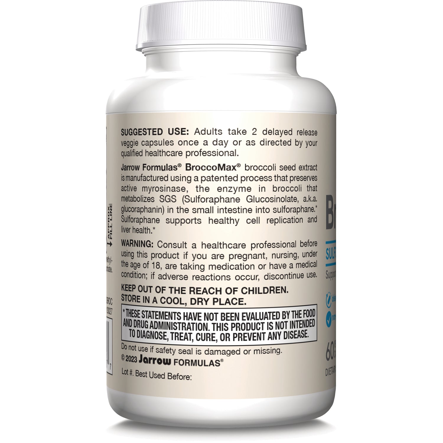 JR050 | Back label of white supplement bottle showing suggested use, warning, and FDA disclaimer