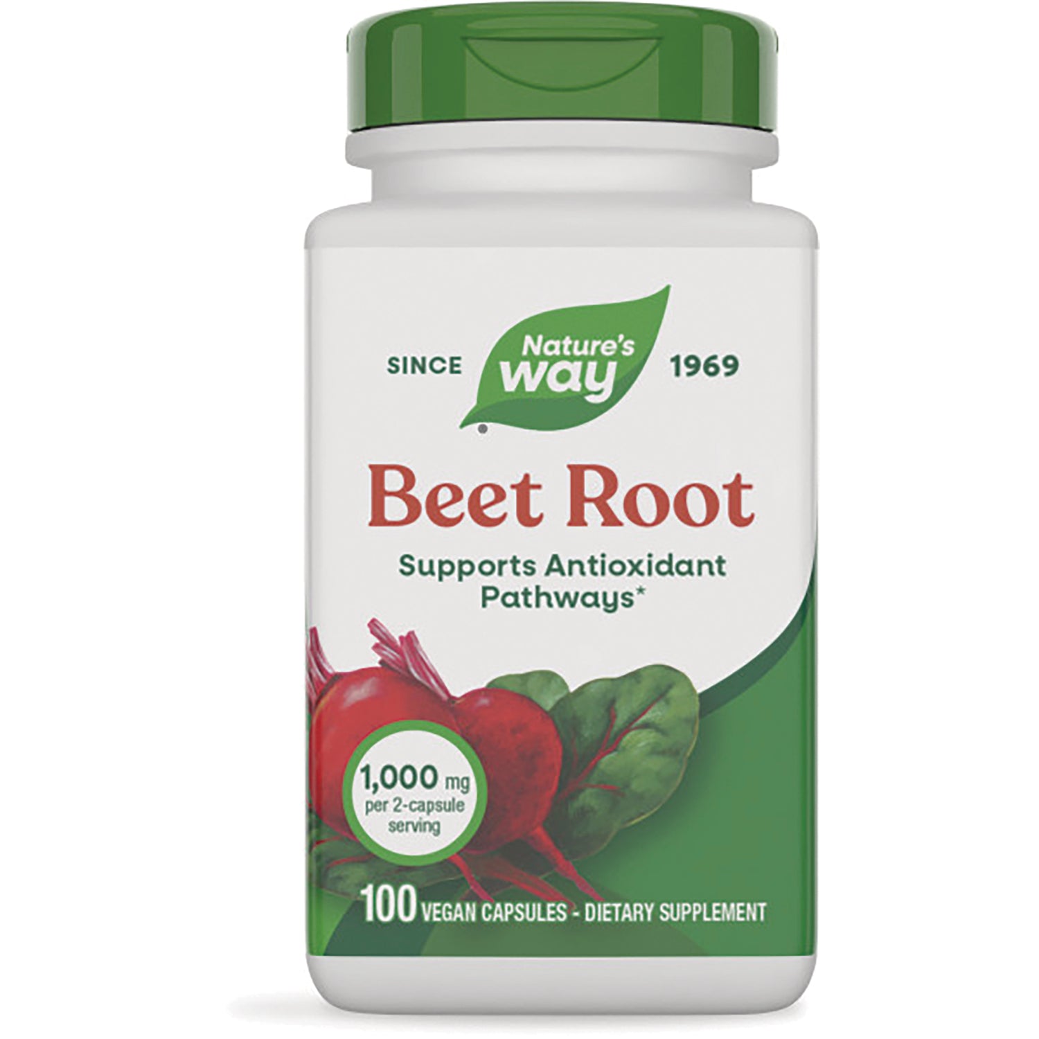 NW113 | Nature's Way Beet Root dietary supplement bottle with green cap, 100 vegan capsules, 1,000 mg per 2-capsule serving