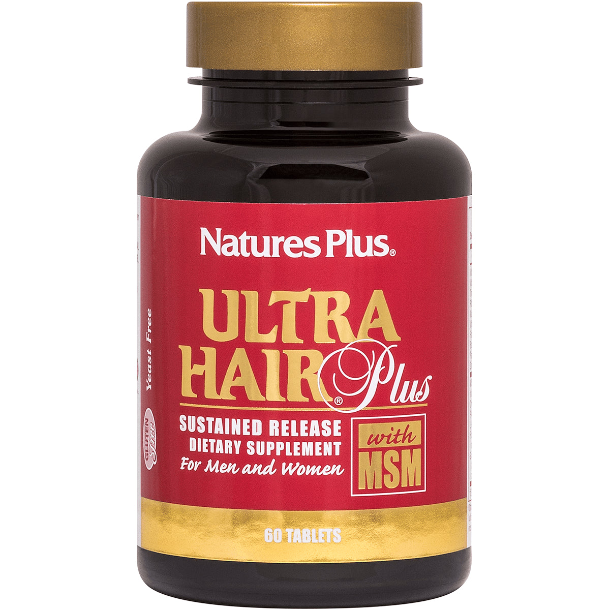NTP102 | Natures Plus Ultra Hair Plus sustained release dietary supplement bottle with MSM, 60 tablets