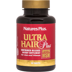 NTP102 | Natures Plus Ultra Hair Plus sustained release dietary supplement bottle with MSM, 60 tablets