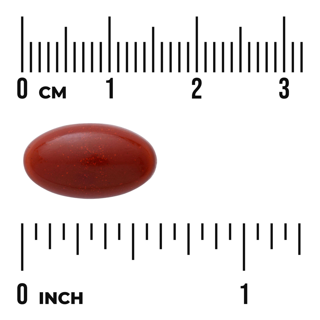 SWU868 | Red oval softgel with tiny flecks shown next to centimeter and inch rulers, about 1.6 cm long - Thumbnail