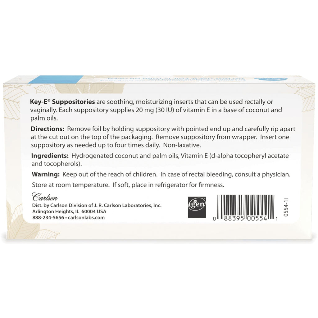 CSN003 | Back of box showing directions, ingredients, warnings and barcode for Key-E suppositories - Thumbnail
