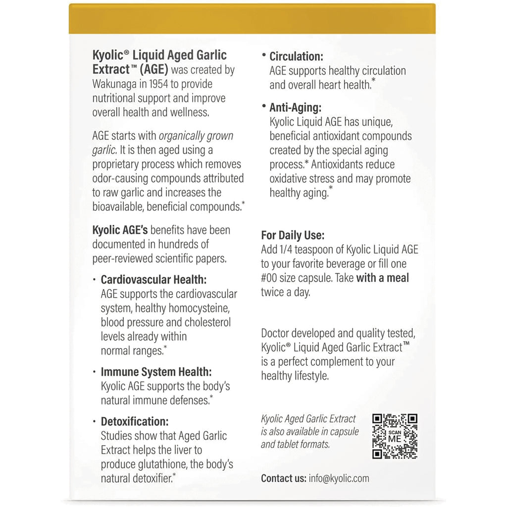 KY005 | Back panel of Kyolic Liquid Aged Garlic Extract box showing benefits, daily use directions, and a QR code - Thumbnail