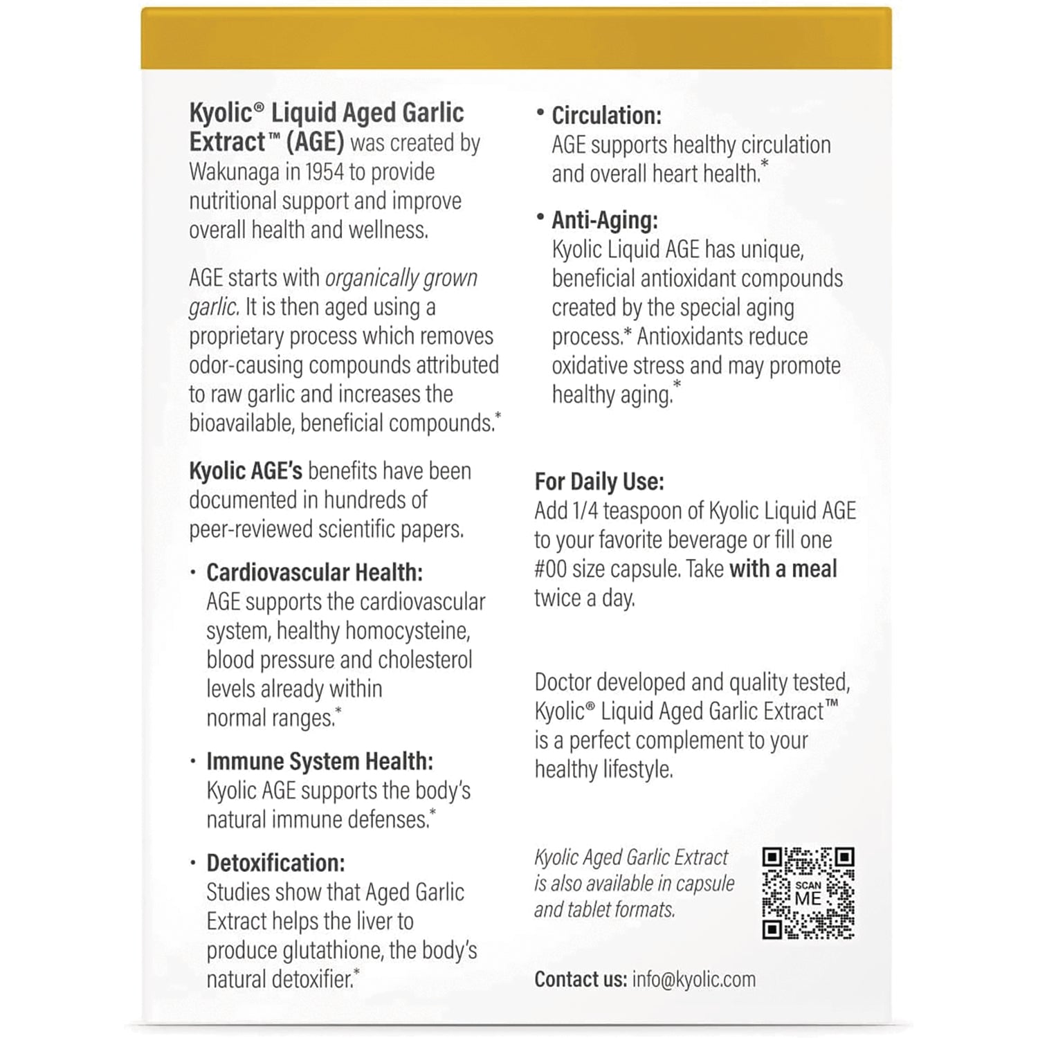 KY005 | Back panel of Kyolic Liquid Aged Garlic Extract box showing benefits, daily use directions, and a QR code