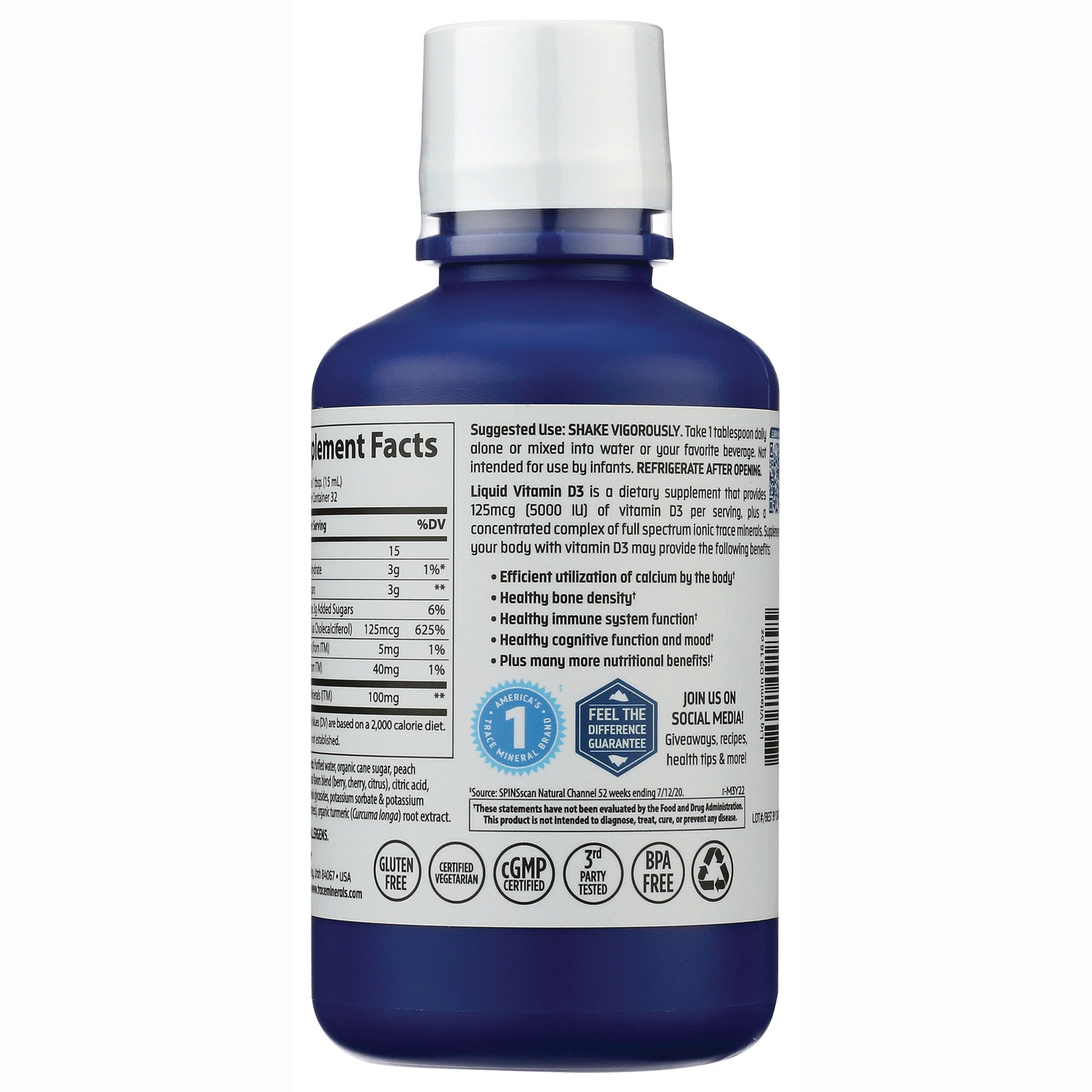 TM015 | Back label of blue liquid Vitamin D3 bottle with Supplement Facts, usage, and Gluten Free, CGMP, BPA Free icons