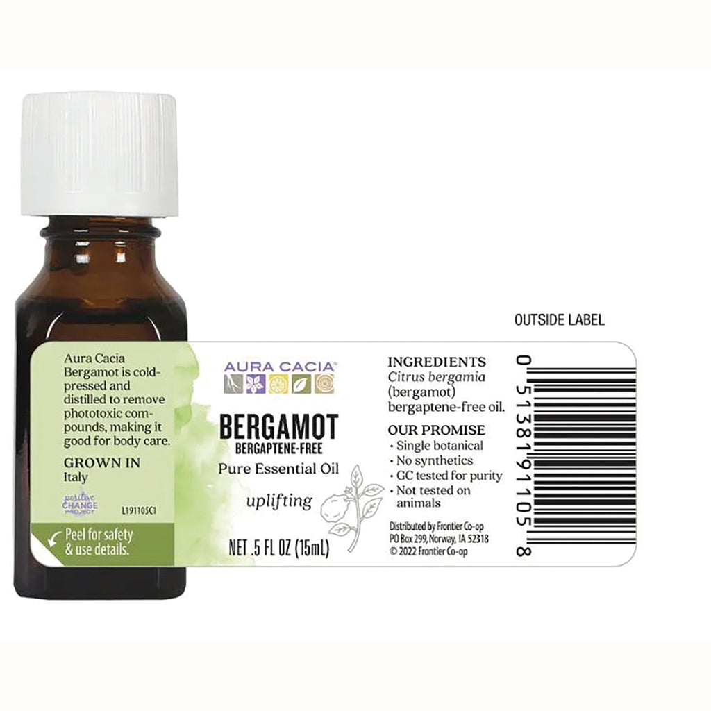 ARC028 | Back label of Aura Cacia BERGAMOT pure essential oil bottle showing ingredients, product promises, barcode, and net .5 fl oz (15 mL) - Thumbnail