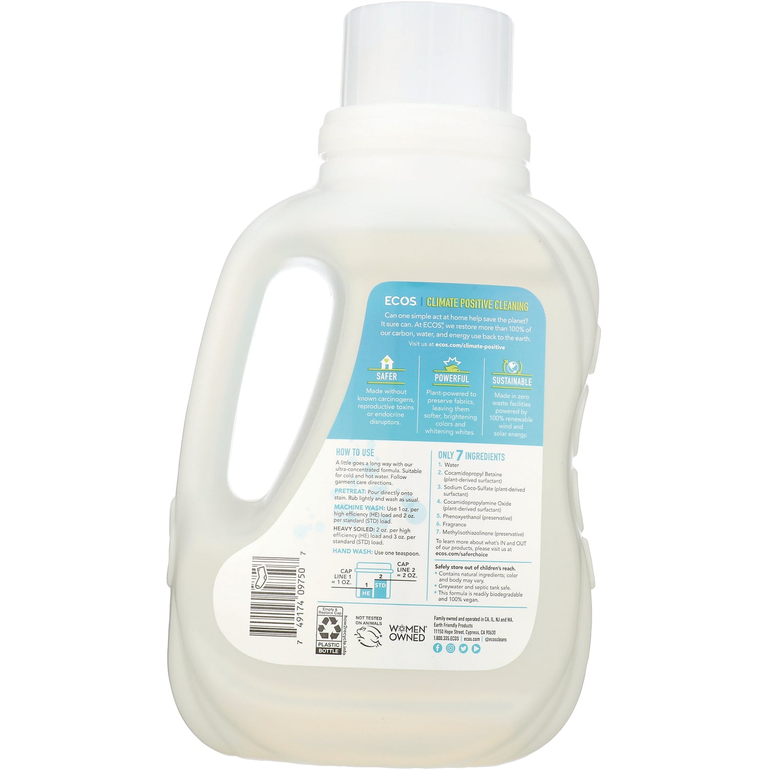 ERF001 | back label of white laundry detergent jug showing usage instructions, ingredients, and barcode