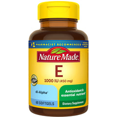 NTM056 | Nature Made Vitamin E 1000 IU (450 mg) bottle, 60 softgels, yellow front label
