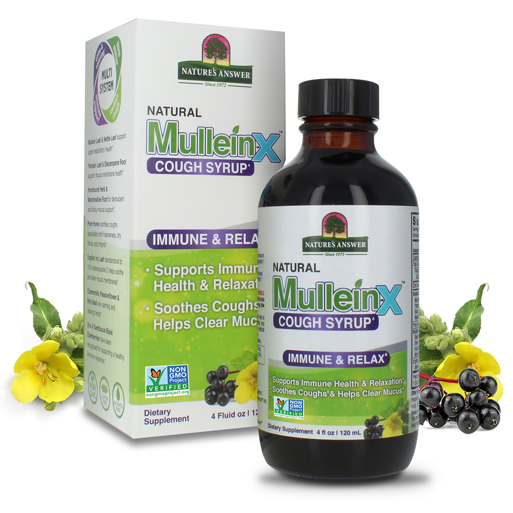 NAT421 | Bottle and box of Natural MulleinX cough syrup labeled Immune & Relax, 4 fl oz - Thumbnail