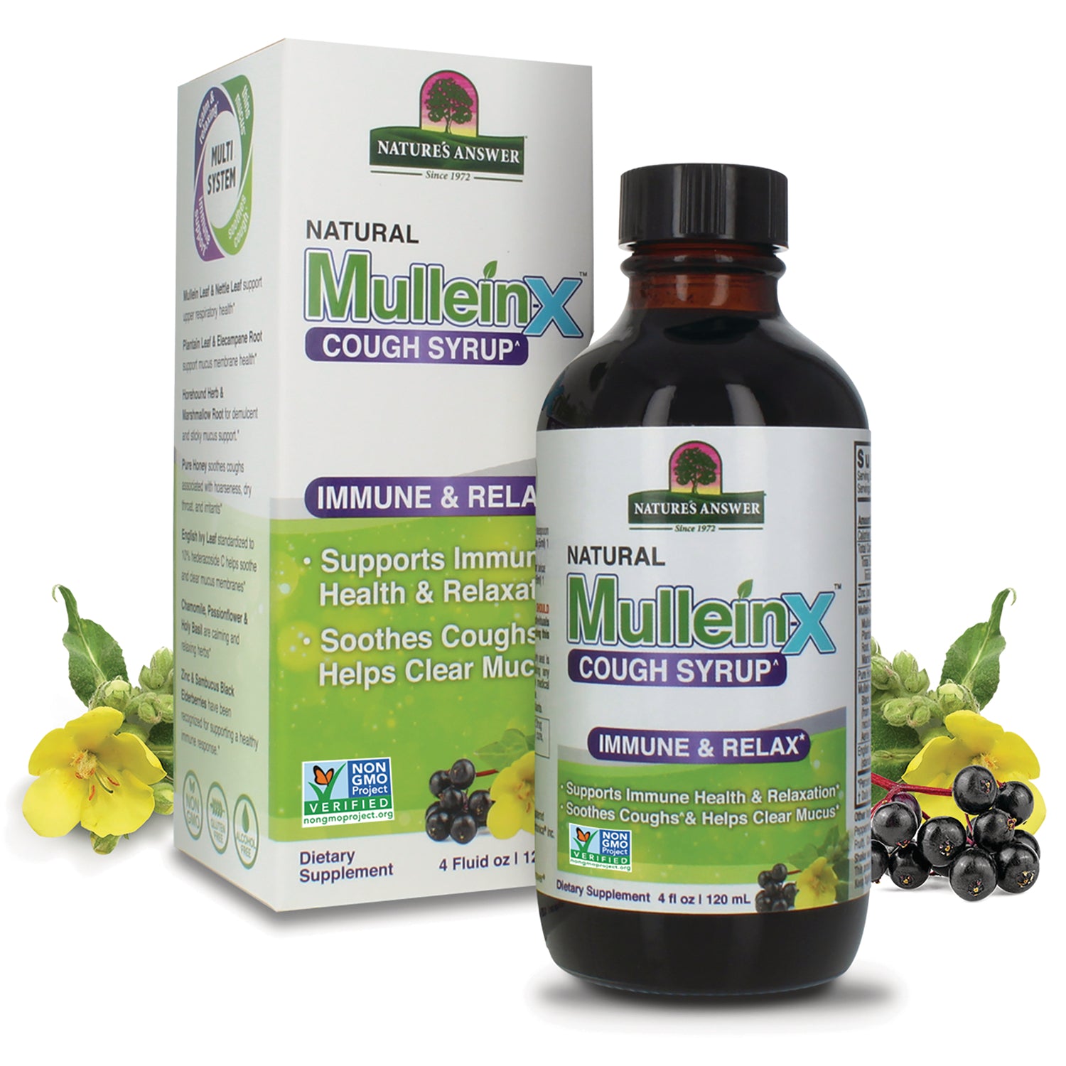 NAT421 | Bottle and box of Natural MulleinX cough syrup labeled Immune & Relax, 4 fl oz