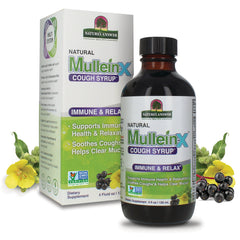 NAT421 | Bottle and box of Natural MulleinX cough syrup labeled Immune & Relax, 4 fl oz