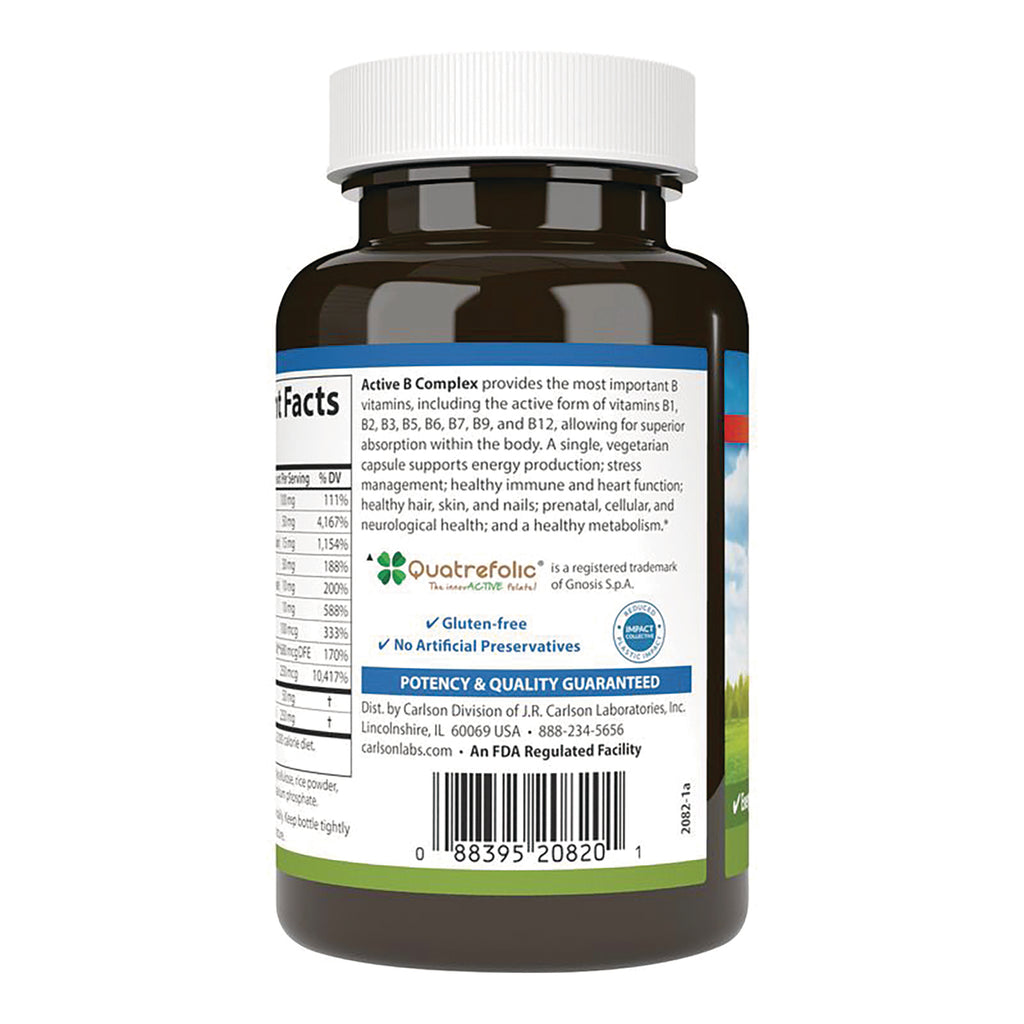 CSN334 | back of brown supplement bottle showing facts panel, Quatrefolic logo, potency guarantee and barcode - Thumbnail