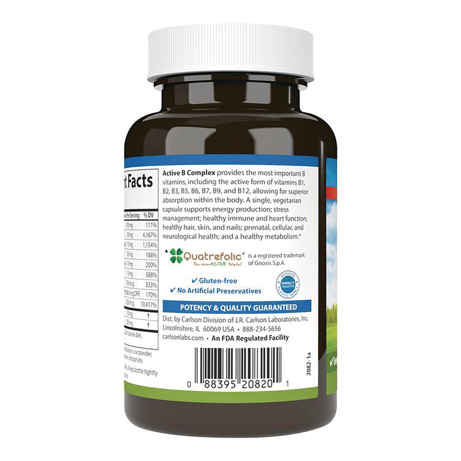 CSN334 | back of brown supplement bottle showing facts panel, Quatrefolic logo, potency guarantee and barcode