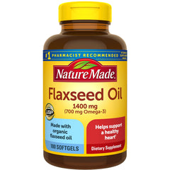 NTM105 | Nature Made Flaxseed Oil 1400 mg bottle, 100 softgels, yellow label showing Made with organic flaxseed oil