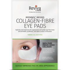 Reviva Labs Collagen-Fibre Eye Pads front packaging with under-eye pad on model and product claims