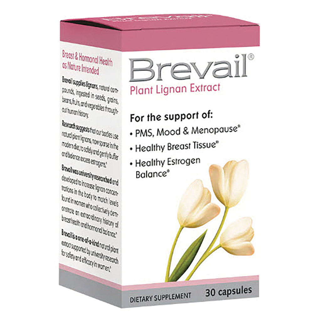 BAR090 | Brevail Plant Lignan Extract supplement box front with tulip illustration, lists support for PMS and healthy breast tissue, 30 capsules - Thumbnail