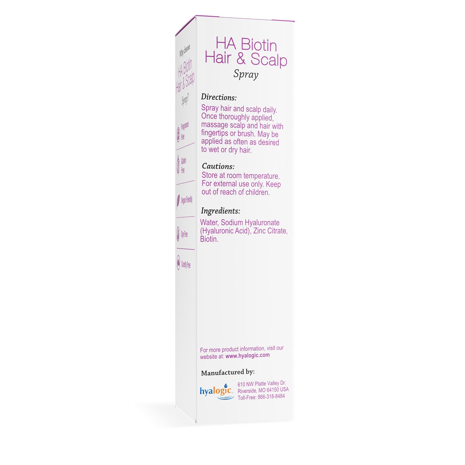 HYL009 | Back of HA Biotin Hair & Scalp Spray box showing directions, cautions, and ingredients