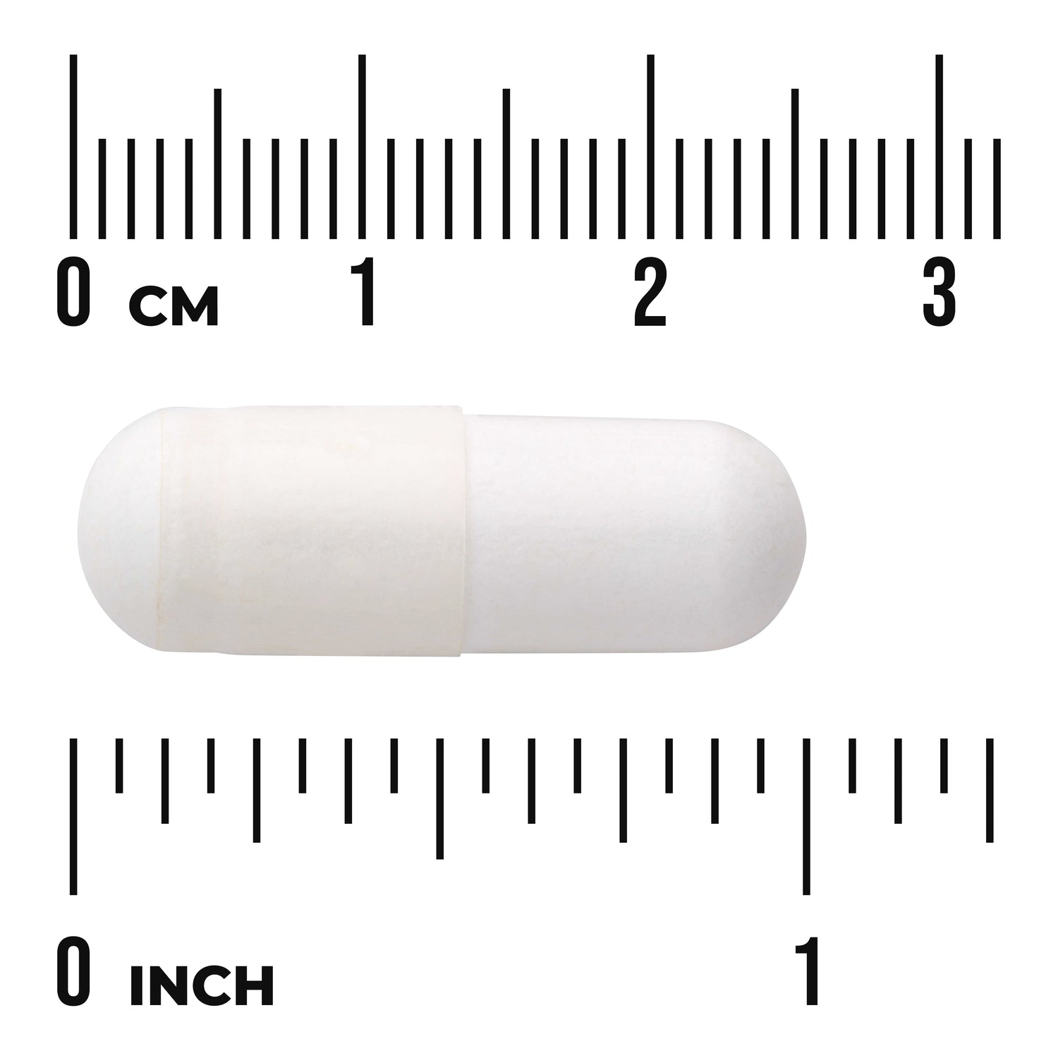SWU1017 | White two-piece capsule on centimeter and inch rulers showing approximate 2.5 cm length