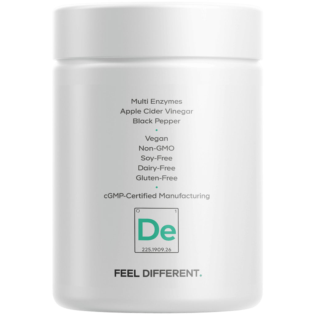 CDG037 | Back of white supplement jar listing Multi Enzymes, Apple Cider Vinegar and Black Pepper; vegan, non-GMO, soy- and dairy-free - Thumbnail