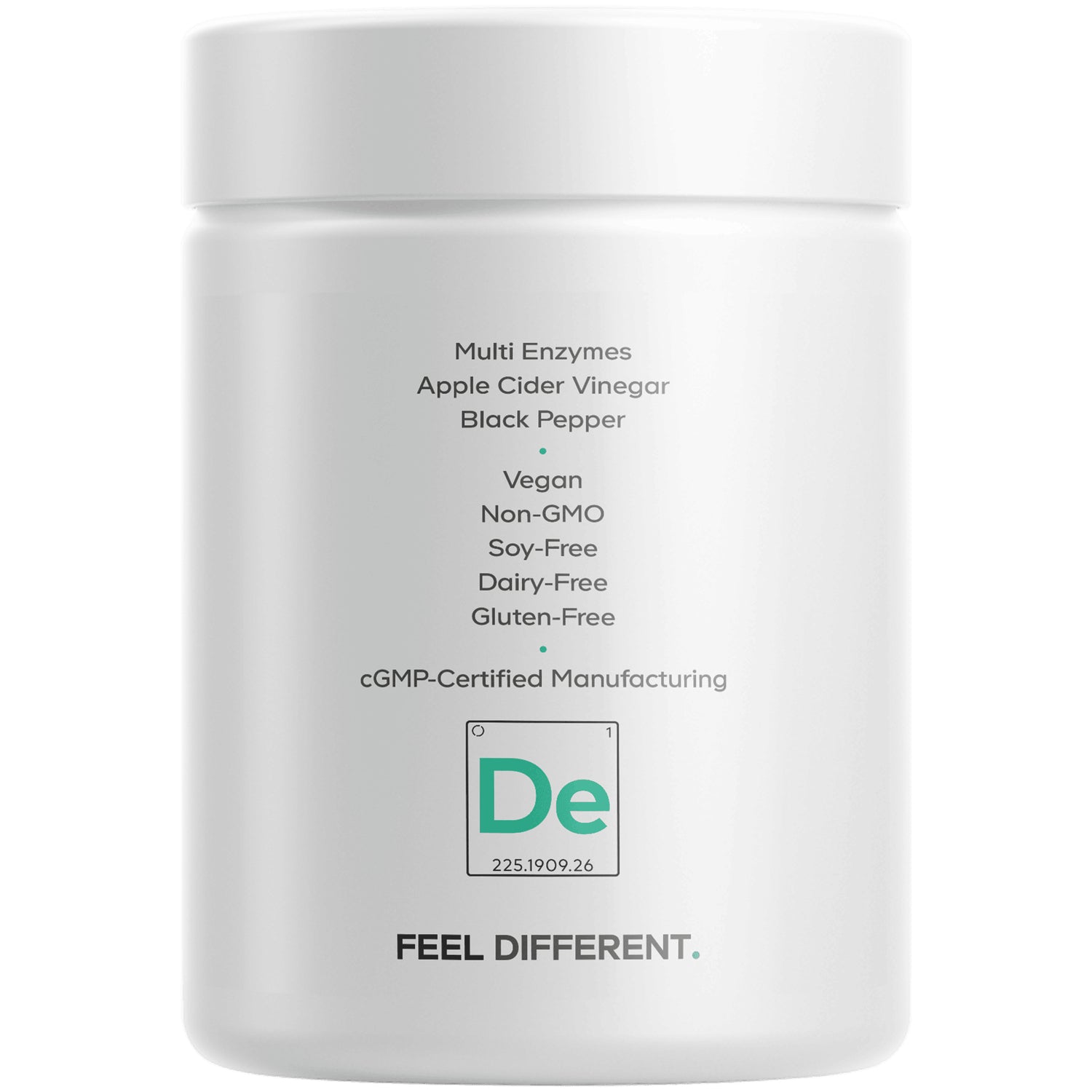 CDG037 | Back of white supplement jar listing Multi Enzymes, Apple Cider Vinegar and Black Pepper; vegan, non-GMO, soy- and dairy-free