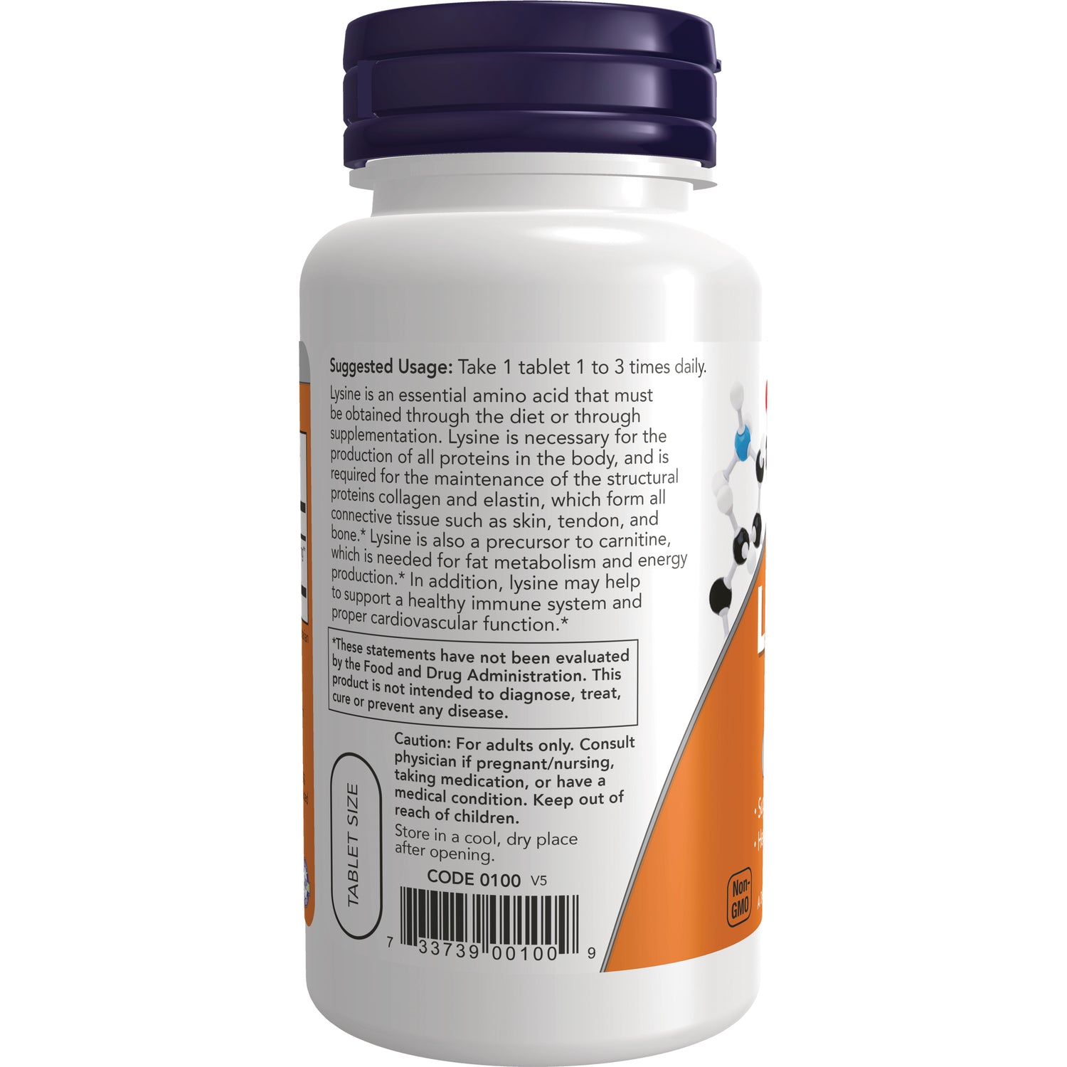 NWF832 | Back of white supplement bottle showing suggested usage text, caution box, barcode, and purple cap