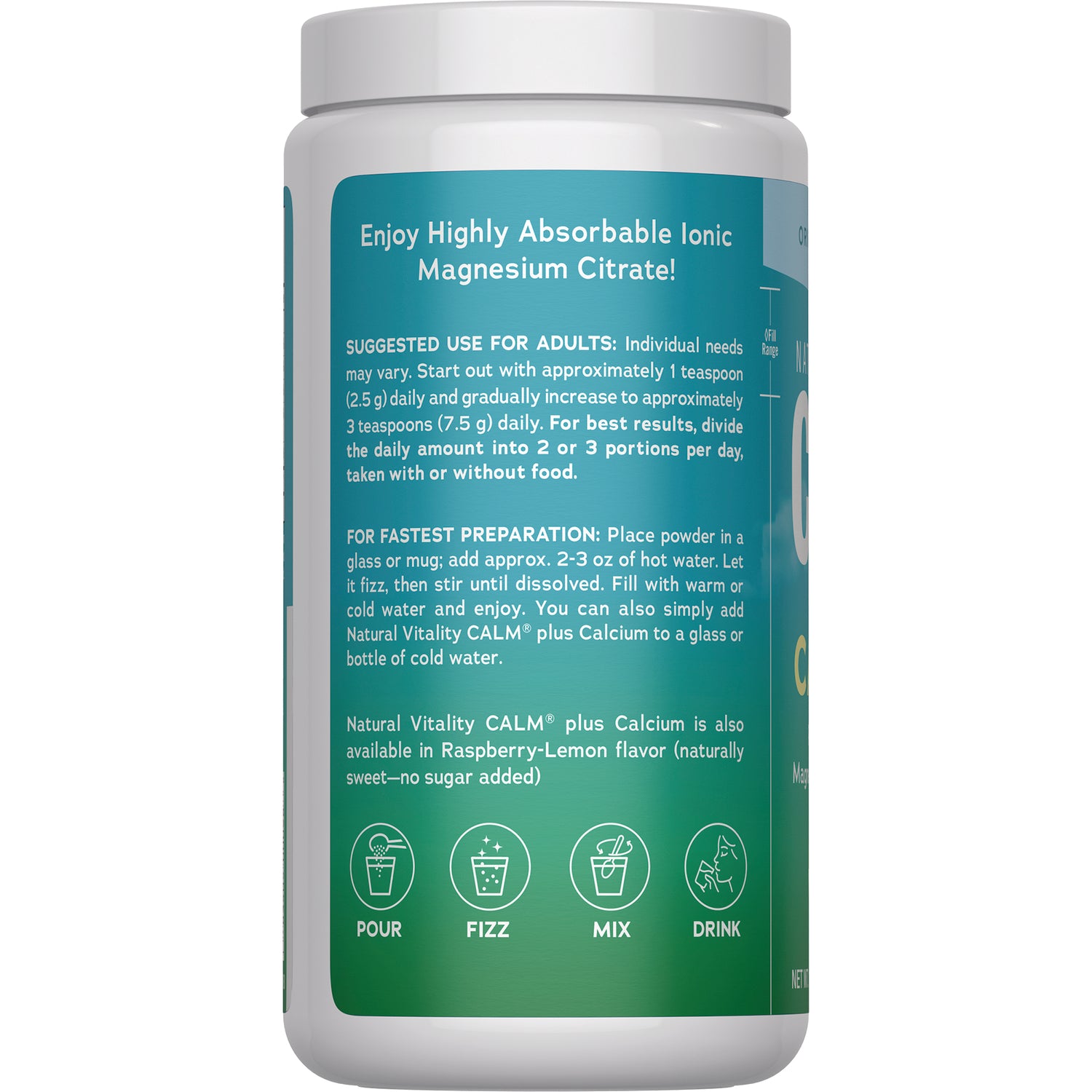 NVT074 | back label of white jar showing suggested use and preparation instructions with pour, fizz, mix, drink icons