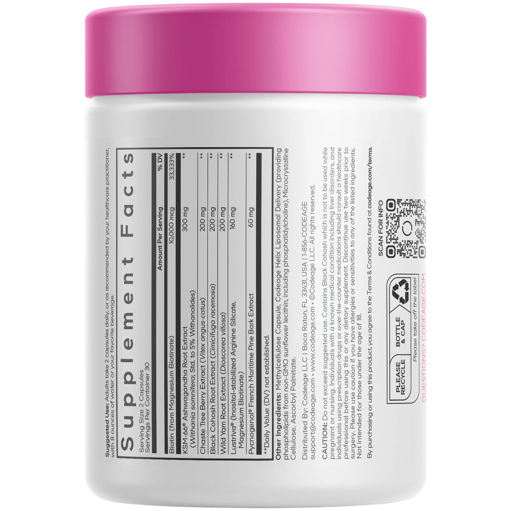 CDG060 | back of white supplement jar with pink lid showing Supplement Facts table, ingredients and QR code - Thumbnail