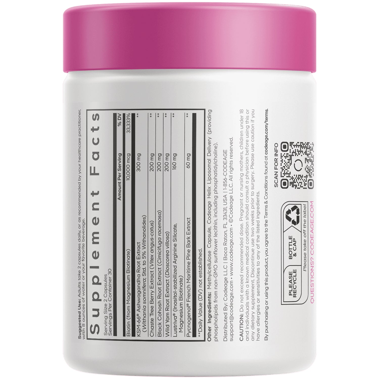 CDG060 | back of white supplement jar with pink lid showing Supplement Facts table, ingredients and QR code