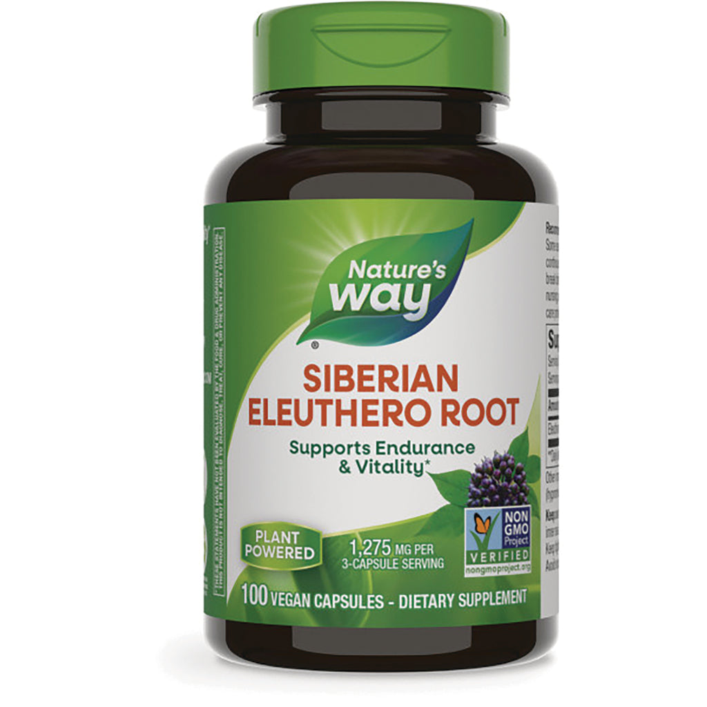 NW143 | Nature's Way Siberian Eleuthero Root supplement bottle with label reading SIBERIAN ELEUTHERO ROOT, 100 vegan capsules - Thumbnail