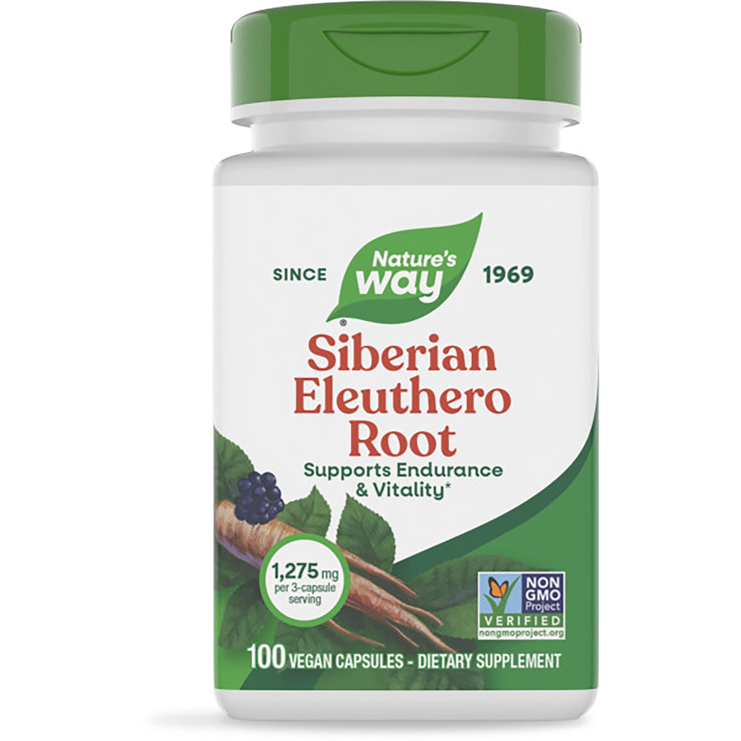 NW143 | Nature's Way Siberian Eleuthero Root supplement bottle with label reading SIBERIAN ELEUTHERO ROOT, 100 vegan capsules