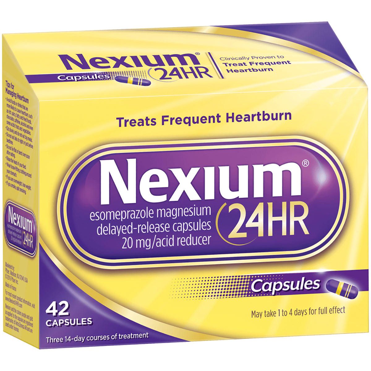 NXM002 | Nexium 24HR yellow and purple box for esomeprazole 20 mg delayed-release capsules, 42 capsules