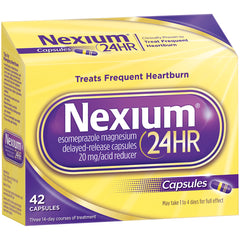 NXM002 | Nexium 24HR yellow and purple box for esomeprazole 20 mg delayed-release capsules, 42 capsules